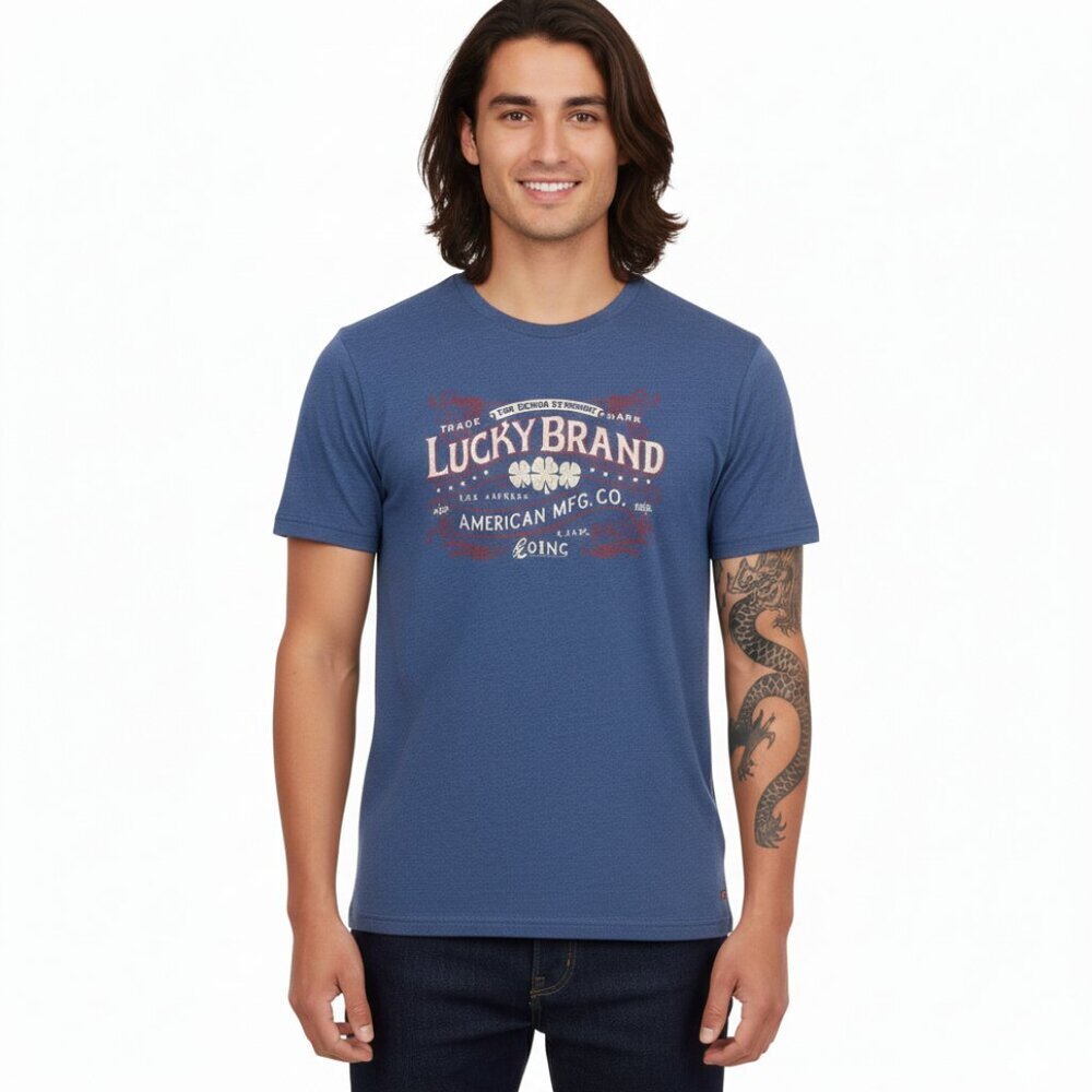 Lucky Brand Graphic T Shirt Men’s Large Blue Logo Casual Everyday Soft Cotton
